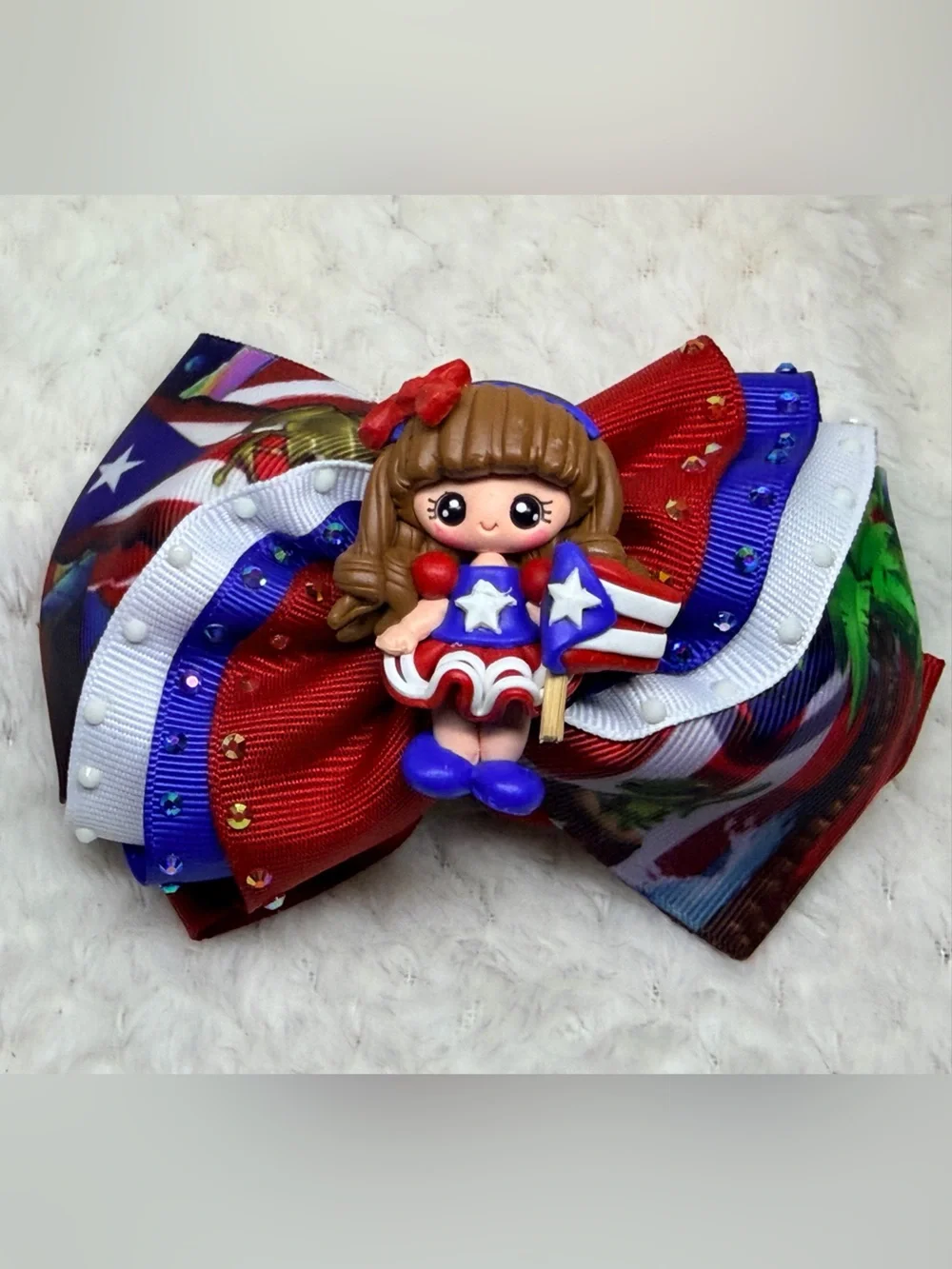 Puerto Rican Girl Ribbon Hair Bow - Red, White & Blue Kids Accessory